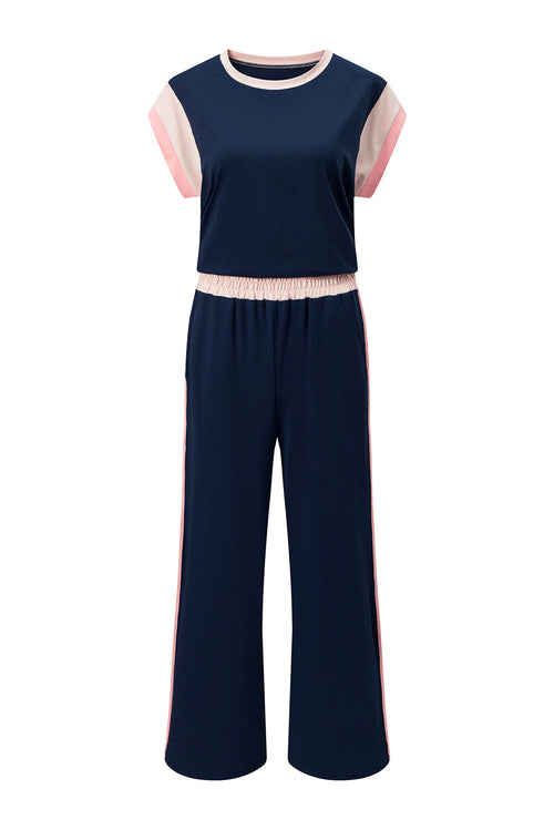 Colorblock Short Sleeve Top & Wide Leg Pants Set
