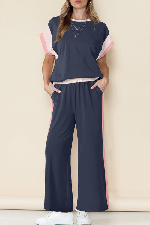 Colorblock Short Sleeve Top & Wide Leg Pants Set