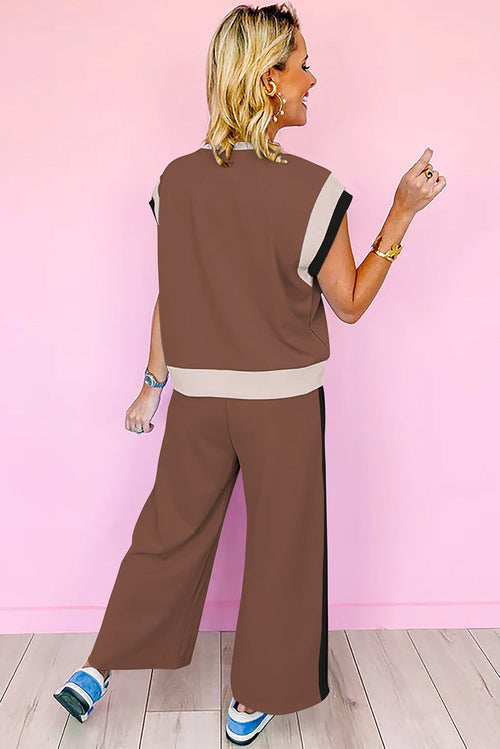 Colorblock Short Sleeve Top & Wide Leg Pants Set