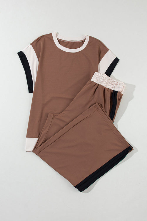 Colorblock Short Sleeve Top & Wide Leg Pants Set