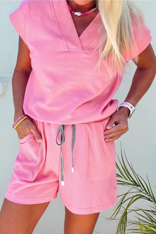 Solid V-Neck Short Sleeve Top & Drawstring Shorts Set