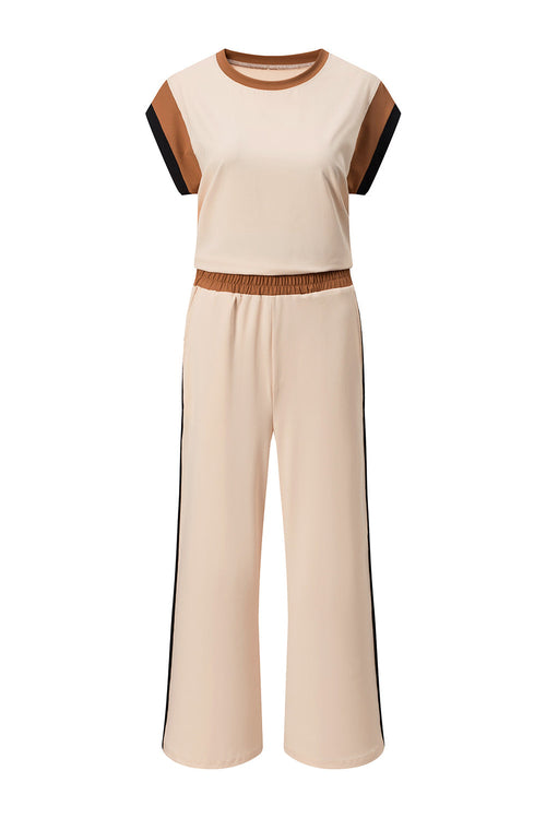 Colorblock Short Sleeve Top & Wide Leg Pants Set