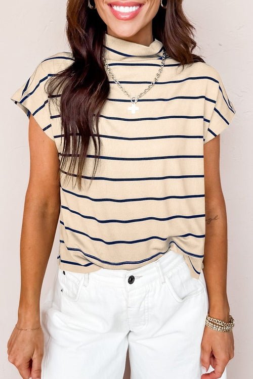 Stripe Mock Neck Short Sleeve Loose Top