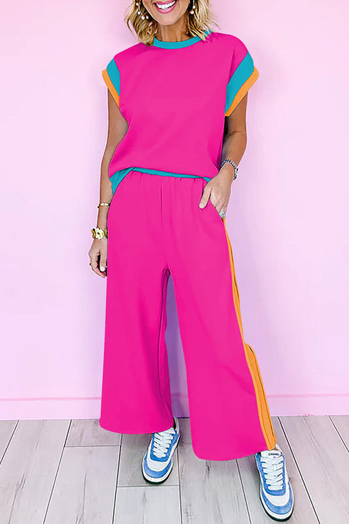 Colorblock Short Sleeve Top & Wide Leg Pants Set