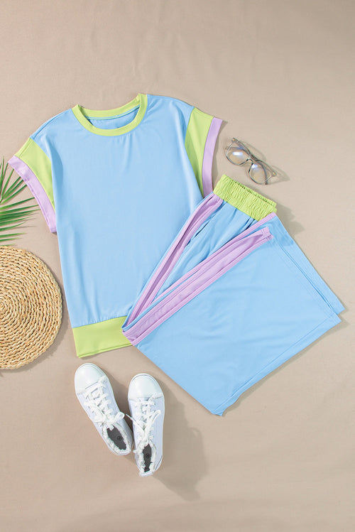 Colorblock Short Sleeve Top & Wide Leg Pants Set