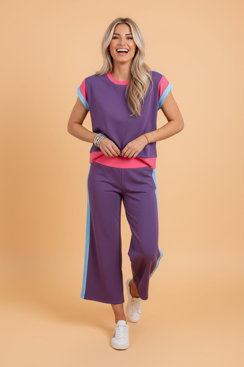 Colorblock Short Sleeve Top & Wide Leg Pants Set