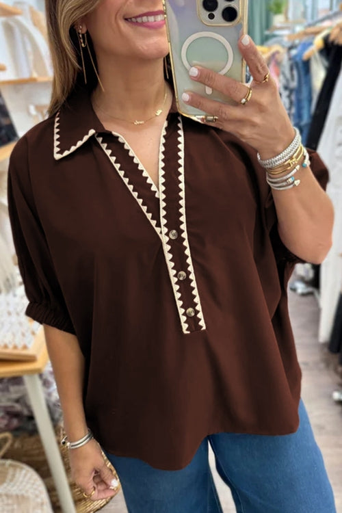 Contrast Trim Button V-Neck Short Sleeve Blouse