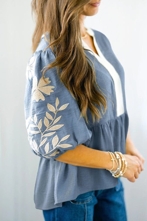 Floral Embroidered Colorblock Puff Sleeve Babydoll Blouse