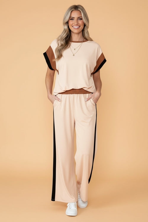 Colorblock Short Sleeve Top & Wide Leg Pants Set