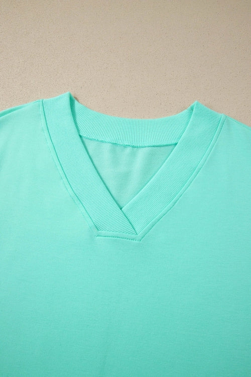 Solid V-Neck Short Sleeve Top & Drawstring Shorts Set