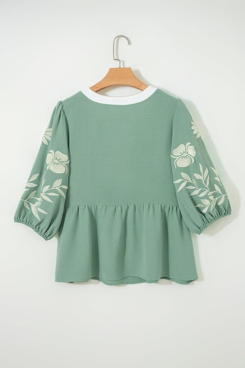 Floral Embroidered Colorblock Puff Sleeve Babydoll Blouse